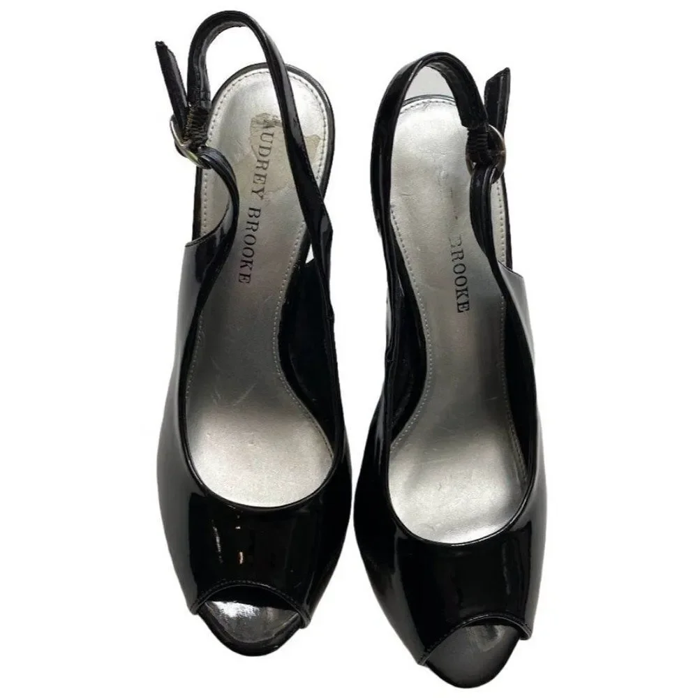Audrey Brooke Peep Toe‎ Black White Patent Leather Wedge Slingback Shoe Sz 8